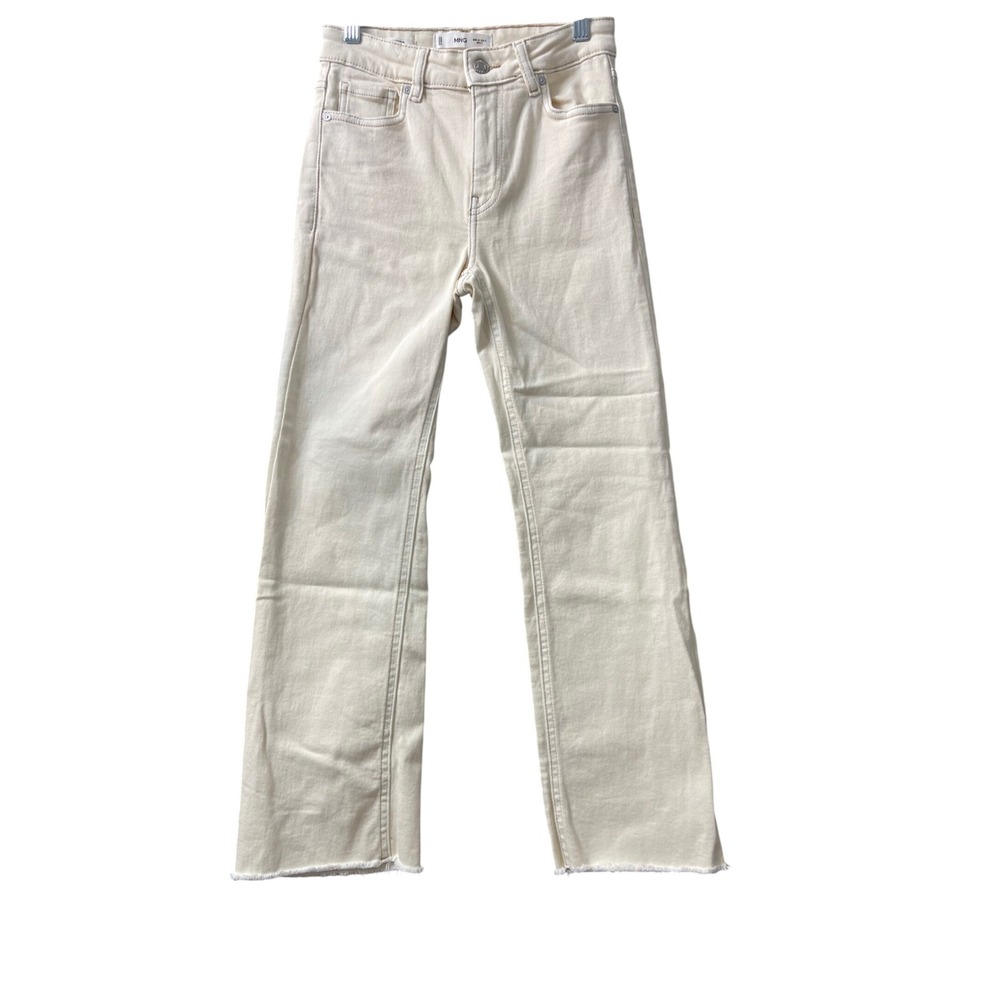 MNG Sienna High Waisted Straight Leg Jeans Cream Raw Hem Size 2